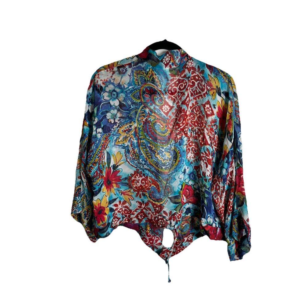 Chicos Sz 1 M Silk Cropped Kimono Floral Front Tie Cardigan Blouse Lagenlook - Picture 2 of 8